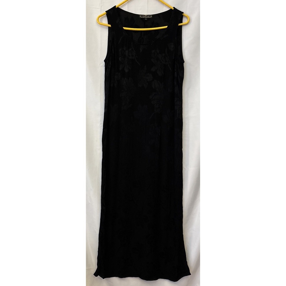 Violet Kay‎ Black Tank Top Maxi Dress Glossy Black Floral Appliqué LG USA Rayon